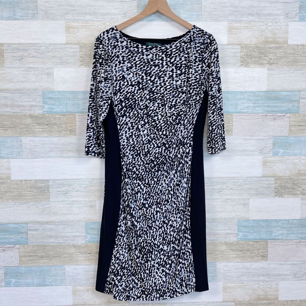 LRL Ralph Lauren Animal Print Jersey Sheath Dress Black White Career Womens 14